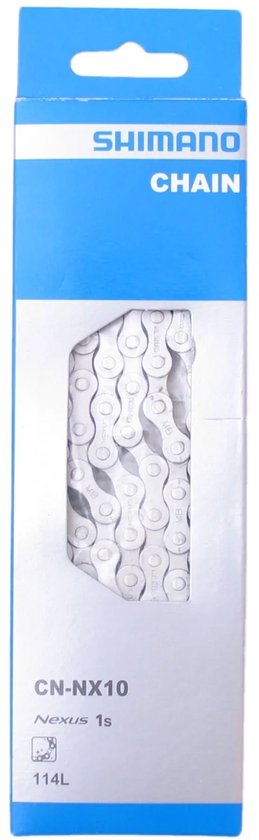 Shimano kettingverpakking met een raam dat een zilverkleurige 114-schakel ketting toont. "SHIMANO CHAIN CN-NX10 Nexus 1s 114L"