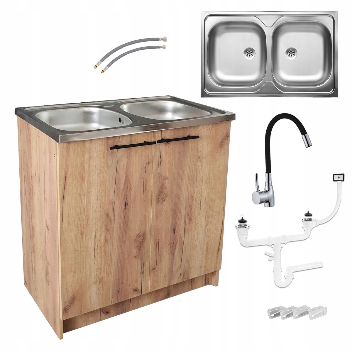 STAMAR - Keukenkast 80 cm - Onderkast met Dubbele spoelbak + kraan + sifon - Eik Sonoma
