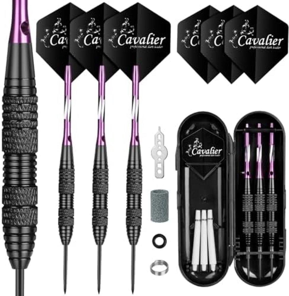 PolkaHome Professionele Dartset - 3 Stuks 24g Stalen Dartpijlen met Antislip Greep, PVC Schachten, Polyester Flights, Slijpsteen, Rubberen O-Ringen en Vliegbeschermer - Complete Set met Geschenkdoos