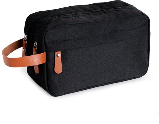 Une trousse de toilette noire avec des poignées et des tirettes en cuir marron.