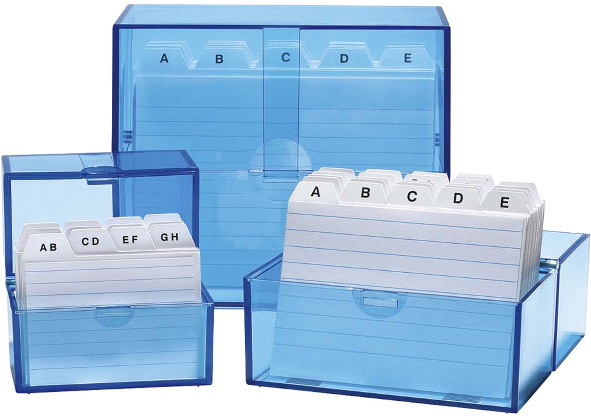 WEDO Kaartenbak A6 liggend, blauw-transparant, gevuld