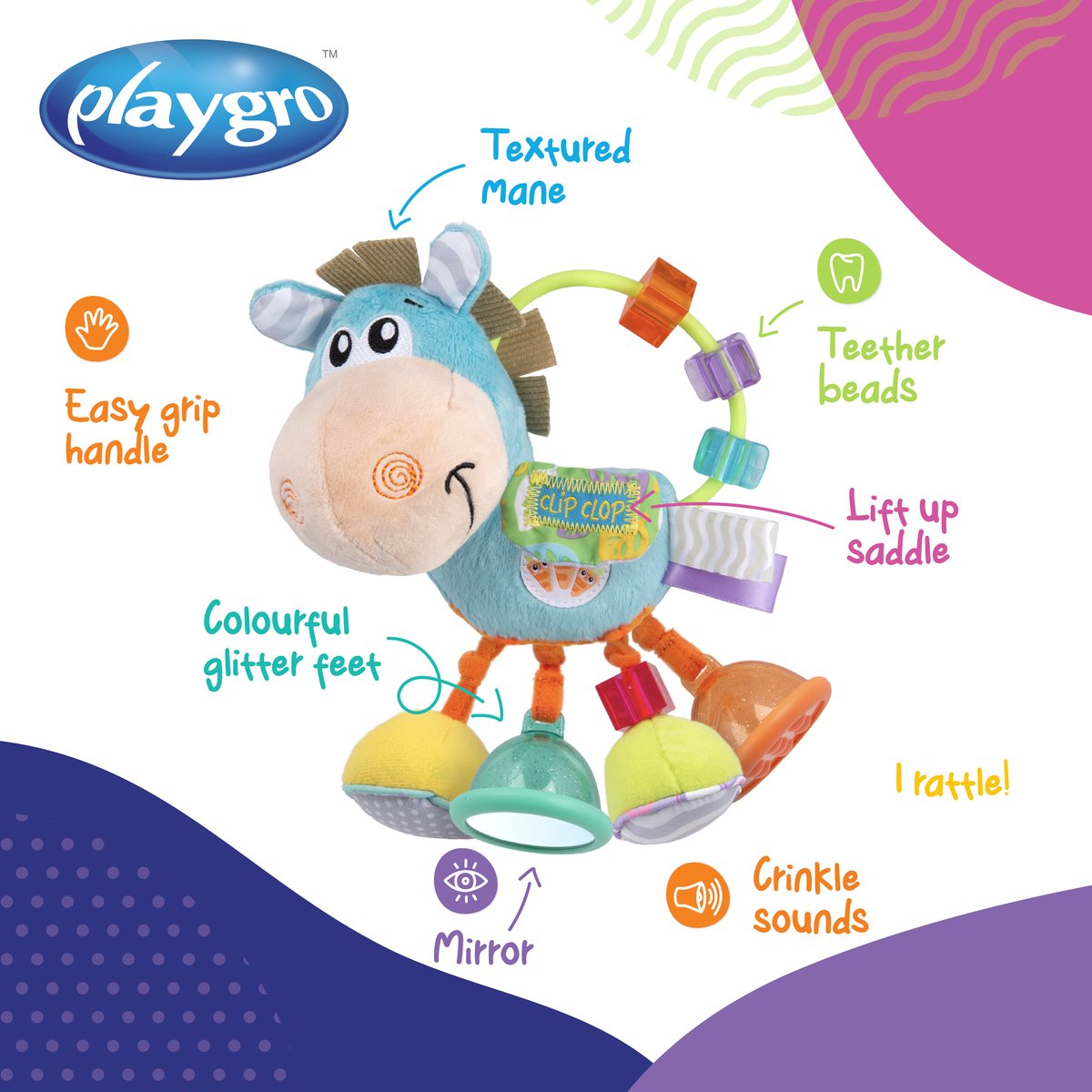 Playgro Clip Clop Rammelaar - Blauw - Activiteitenspeeltje - Rammelaar - Kraamkado - Baby speelgoed - Babyspeeltje - Kinderwagenaccessoire - Knuffeldier - Baby rammelaar - Bijtspeelgoed - Grijpspeelgoed - Baby — afbeelding 2