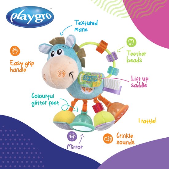 Playgro Clip Clop Rammelaar - Blauw - Activiteitenspeeltje - Rammelaar - Kraamkado - Baby speelgoed - Babyspeeltje - Kinderwagenaccessoire - Knuffeldier - Baby rammelaar - Bijtspeelgoed - Grijpspeelgoed - Baby