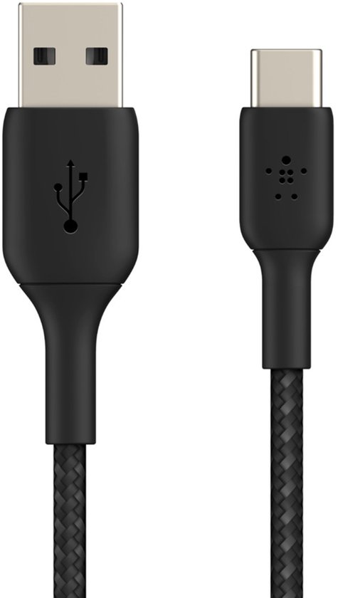 Câble USB-C vers USB-A tressé noir avec logo Belkin sur le connecteur USB-C.