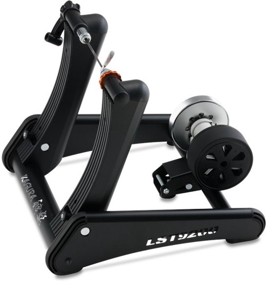 Zwarte Tacx fietstrainer met zilveren rol en oranje accenten, model LST9200