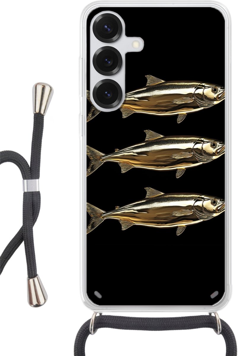 Telefoonhoesje Geschikt voor Samsung Galaxy S25 - Vissen - Goud - Zwart - Siliconen - Crossbody - Backcover met Koord - Telefoonhoesje met koord - Hoesje met touw Telefoonhoesje