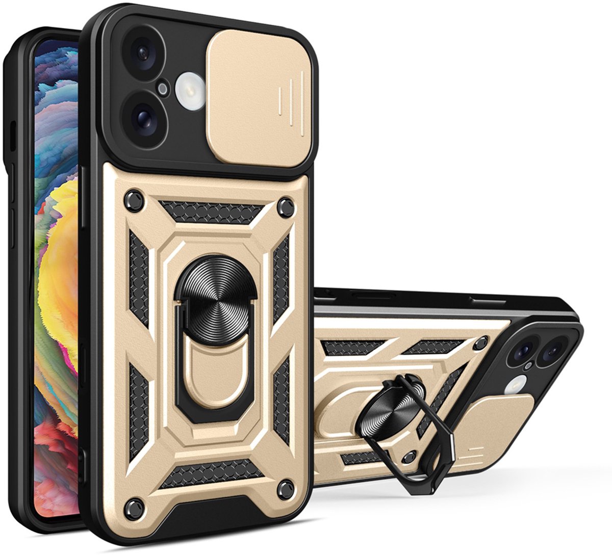 MobyDefend Hoesje - Geschikt voor iPhone 17 - Pantsercase Met Draaibare Ring - Goud