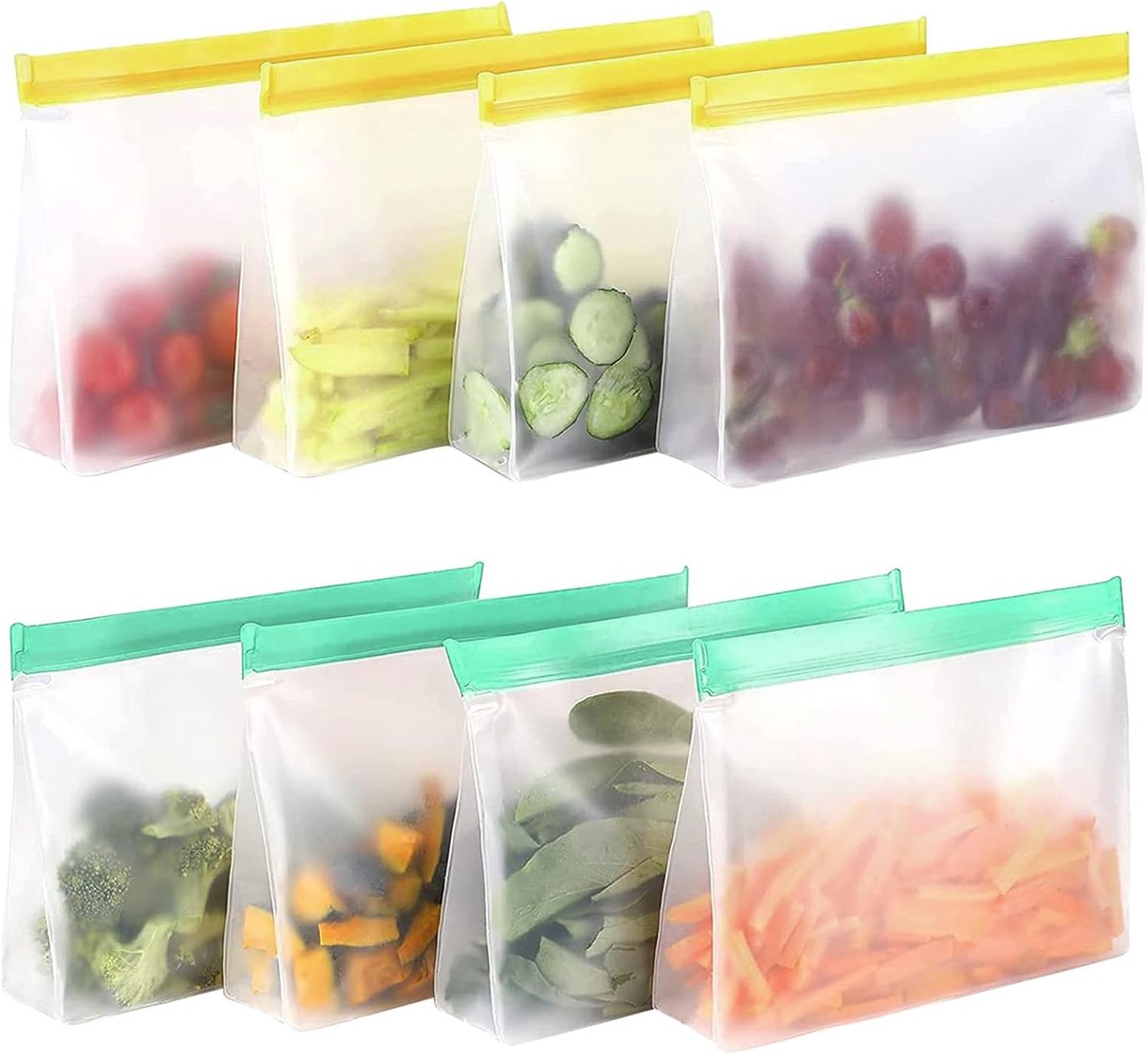 Siliconen Voedselzakjes - Herbruikbare-PEVA Bewaarzak met Rits - Voor Diepvries, Snacks, Groenten, Fruit, Vlees & Sandwich - Duurzaam - Set van 8