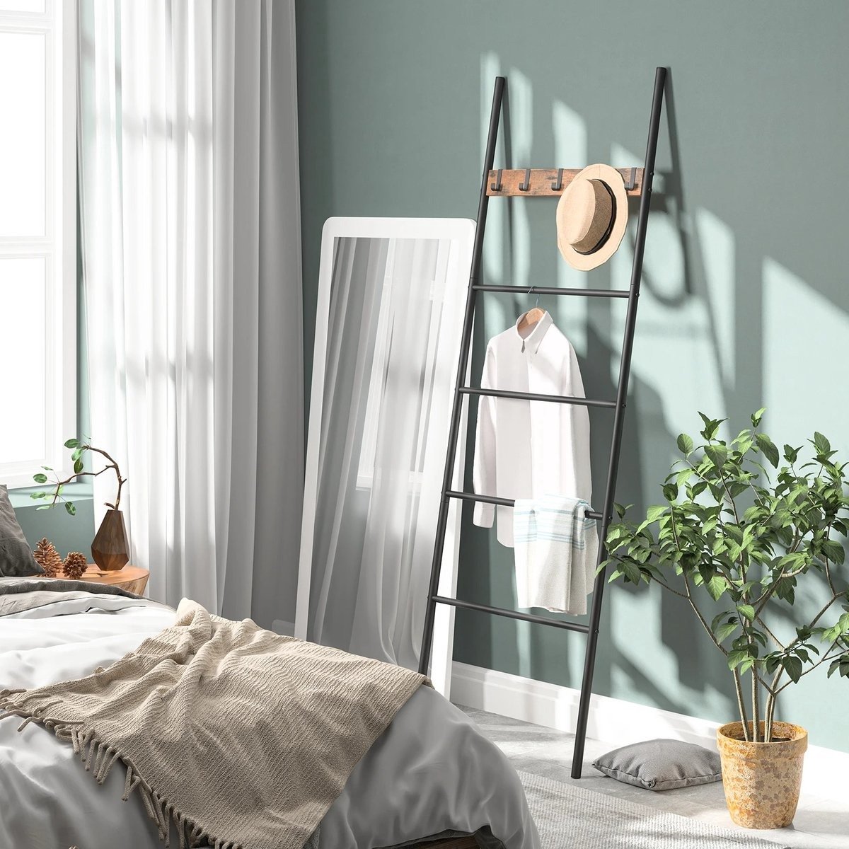 QPFO® Deken ladder zwart - handdoek ladder metaal - stijlvol design - 5 afneembare haken - voor woonkamer en badkamer