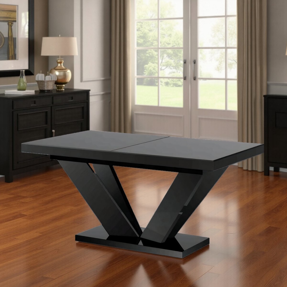 Luxe Uitschuifbare Eettafel – Rechthoekig – Zwart Hoogglans – 160-256 x 89 x 75 cm – 10 Personen – Moderne Design Tafel met Robuust Frame – Inclusief Montagepakket hometotry
