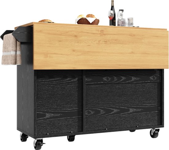 Keukeneilandwagen, 26 inch mobiele ontbijtbar met houten blad, verrijdbare keukentafel met 3 lades en planken, draagbare eilanden op wielen, voor eetkamer, keuken, woonkamer, boerderij, | NL