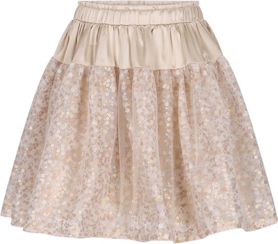 Een beige, tule rok bezaaid met gouden pailletten, met een satijnen tailleband.