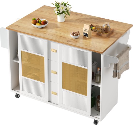 Îlot de cuisine, meuble de cuisine, meuble de cuisine, îlot de cuisine indépendant, buffet, 120 x 73 (45) x 93 cm, desserte de cuisine extensible avec roulettes, porte-serviettes, étagère à épices, étagères réglables, blanc