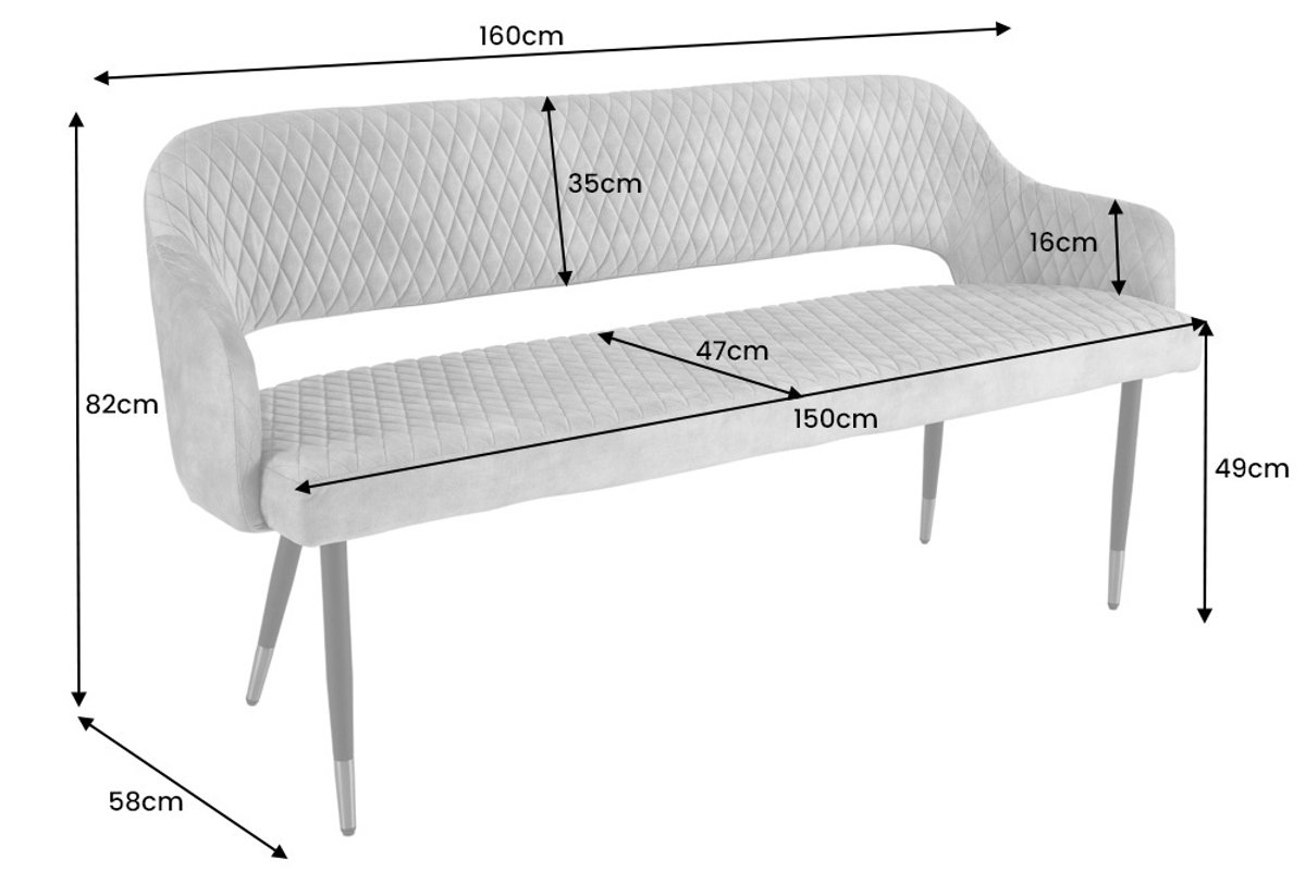 Design bank PARIS 160cm grijs fluwelen rugleuning gouden voetdoppen Retro - 43682