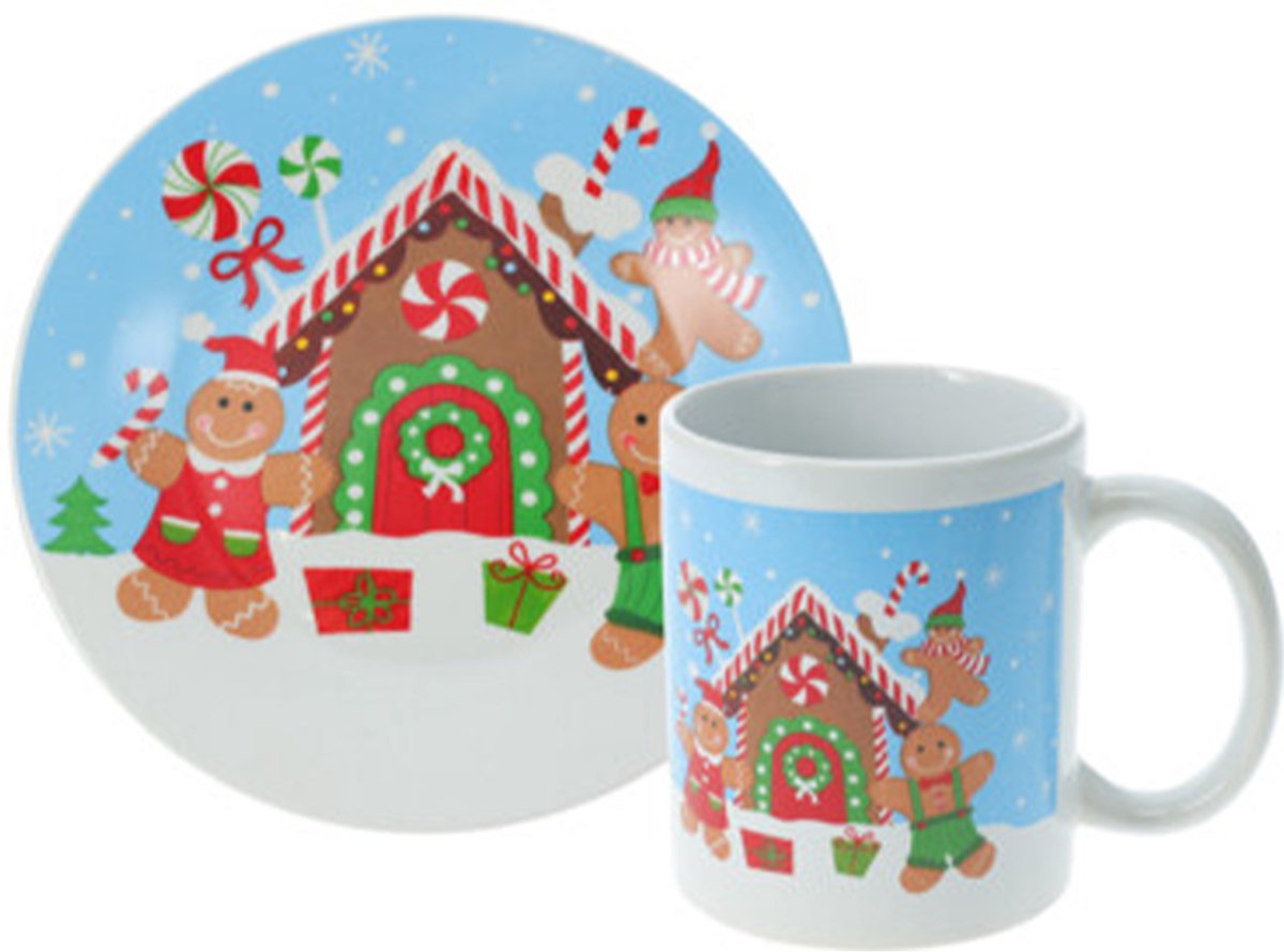 SIAKIKerst servies setje - bordjes, beker - 2-delig - blauw met kersthuis - voor kinderen - ontbijtsetje - kerstservies
