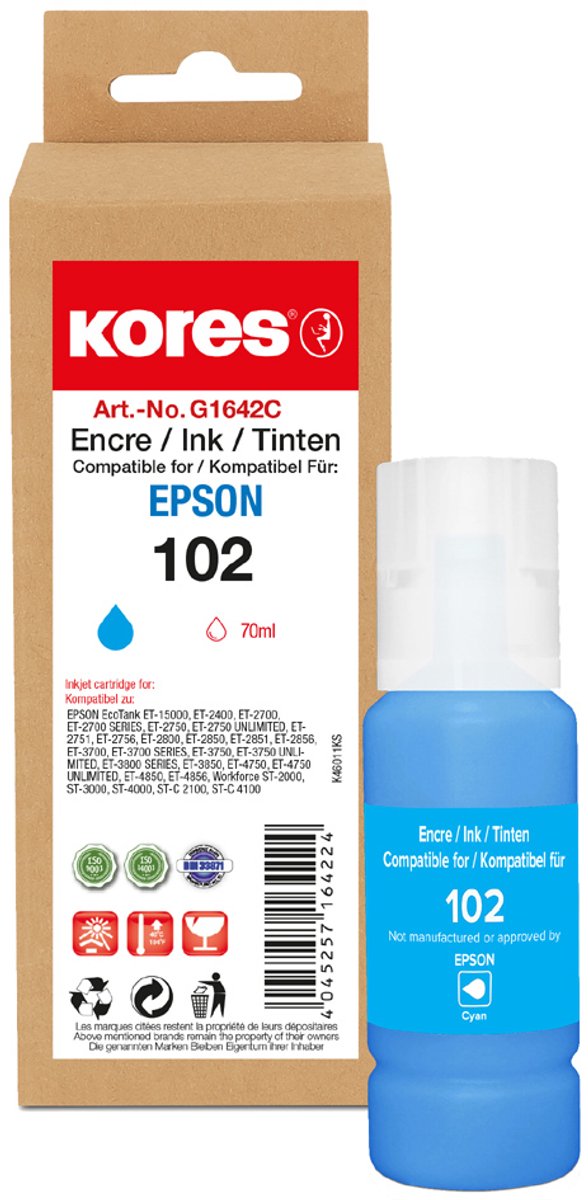 Kores inktfles G1642M vervangt EPSON 102, magenta