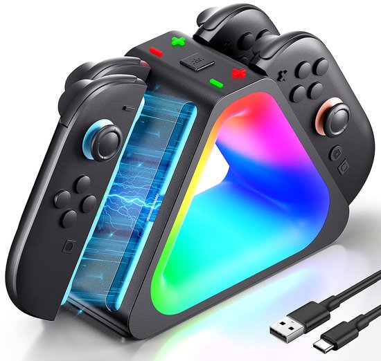 Zwart oplaadstation met RGB-verlichting voor Nintendo Switch Joy-Cons. Laadt vier controllers op, met USB-C-kabel.