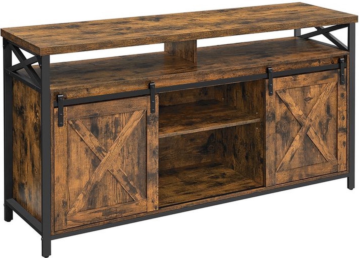 WNHB® TV meubel hout bruin - Lowboard met schuifdeuren - Woonkamerkast met open planken - Industrieel tv meubel