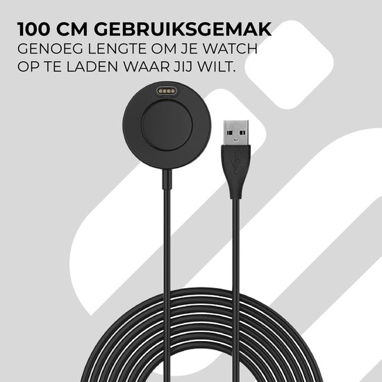Zwarte ronde oplader met 100 cm kabel en USB-A-stekker, om uw horloge op te laden.