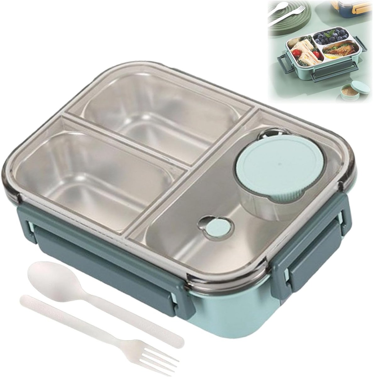 Lunchbox - Draagbare lunchbox van roestvrij staal, met servies en verdeelde compartimenten (drie compartimenten groen)