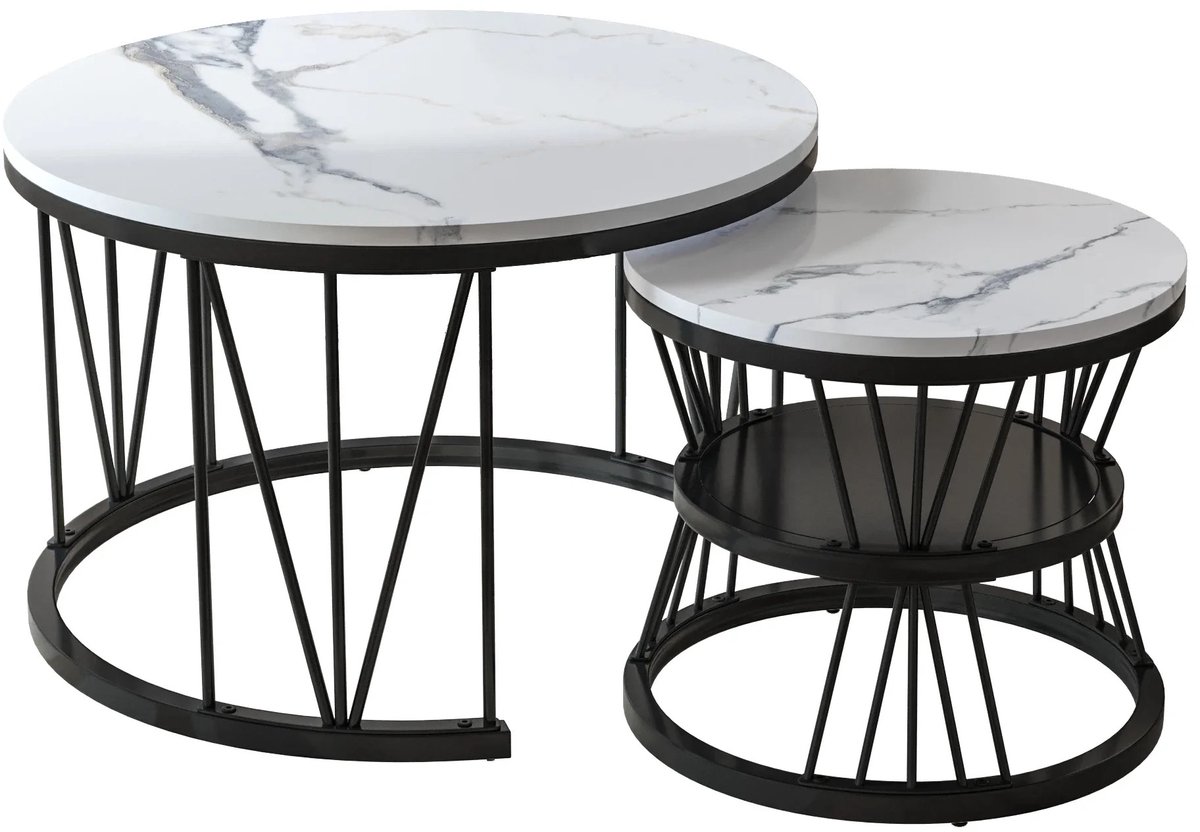 Mila Shop - Marmeren salontafels - Bijzettafels - Ronde tafels - Metalen frame - Stabiel - Zwart/wit - 2 Stuks