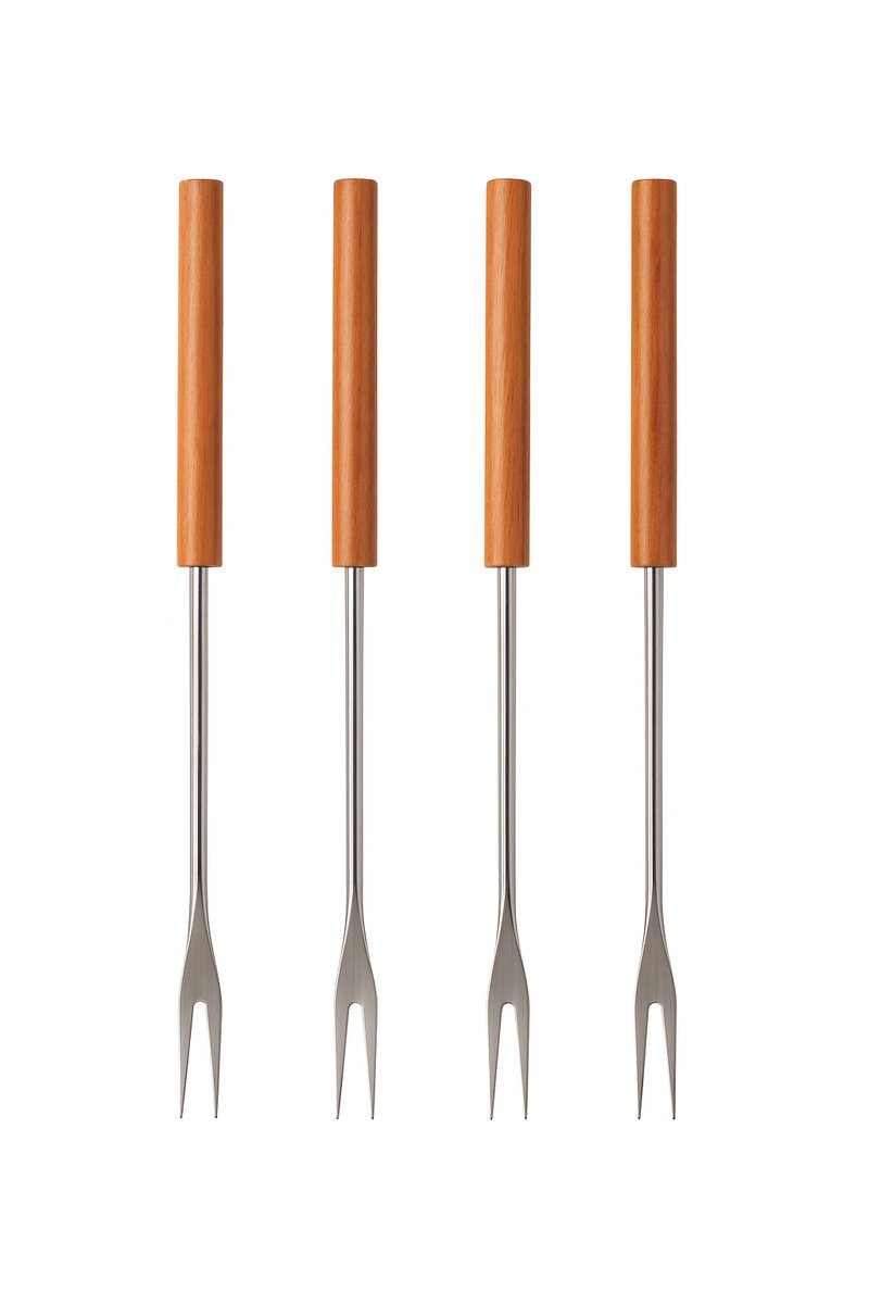 Fonduevorken - Hoge Kwaliteit Vorkenset voor Kaasfondue en Vleesfondue - Fondue Accessoires - 4-delige Set - Houten Handvat - RVS Tanden - Kersenhout - Fonduebestek - Fondue Vorken - Niet Vaatwasserbestendig - 26 cm Lang