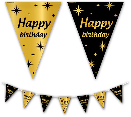 BTH - Slingers - Happy Birthday - Goud en Zwart - Slingers Verjaardag - Vlaggenlijn - Verjaardag Versiering - Verjaardag