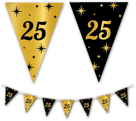 Gouden en zwarte vlaggen met sterren en het cijfer 25. Vormen een slinger.