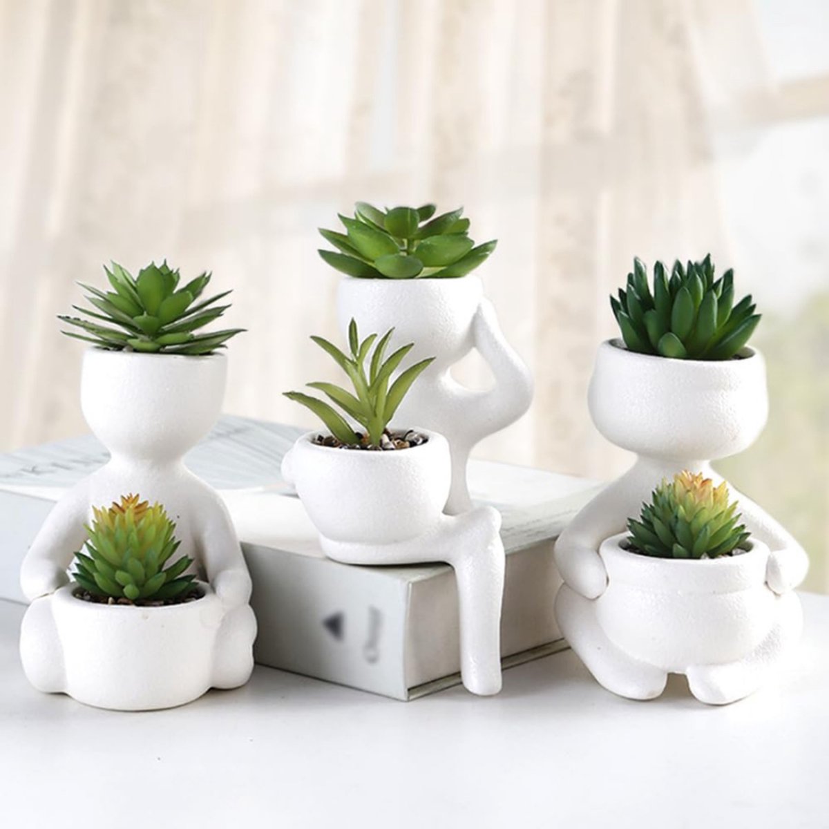 BOG 3 Stuks Kunstmatige Vetplanten - Mini Nepplanten In Keramische Pot - Realistische Kunstplanten Voor Woondecoratie - Onderhoudsvrije Faux Planten Voor Thuis En Kantoor WIT