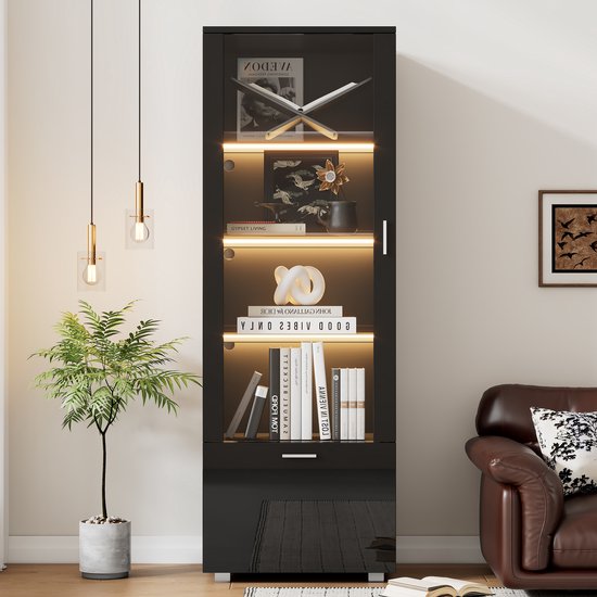 Pugsdrly Vitrines noires brillantes avec portes en verre, vitrines éclairées par LED, vitrines pour objets de collection, armoires à parfums, bibliothèques et vitrines avec portes noires brillantes (3 étagères)