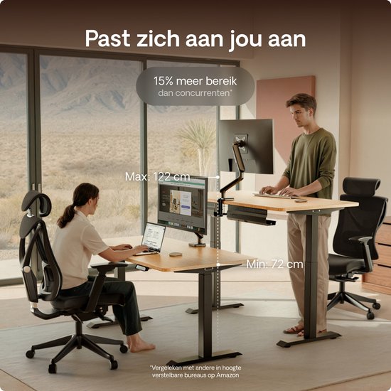 Man en vrouw gebruiken een verstelbaar bureau. 'Past zich aan jou aan', '15% meer bereik dan concurrenten', 'Max: 122 cm', 'Min: 72 cm'.
