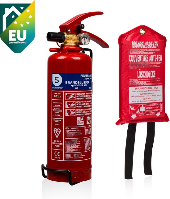Set van 2 - 1x Smartwares 10.018.56 1kg Brandblusser poeder - 1x Smartwares 10.014.60 Blusdeken