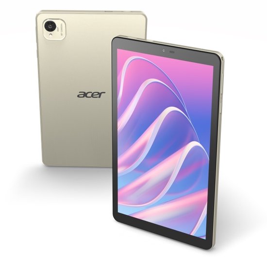 Zilveren tablet met Acer logo, camera, en scherm met abstracte, golvende patronen.