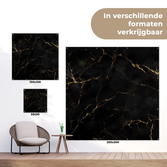 Tuinposter 50x50 cm - Tuindecoratie Zwart marmer - Gouden aders - Klassiek - Poster voor in de tuin - Buiten decoratie - Schutting tuinschilderij - Tuindoek muurdecoratie - Wanddecoratie balkondoek