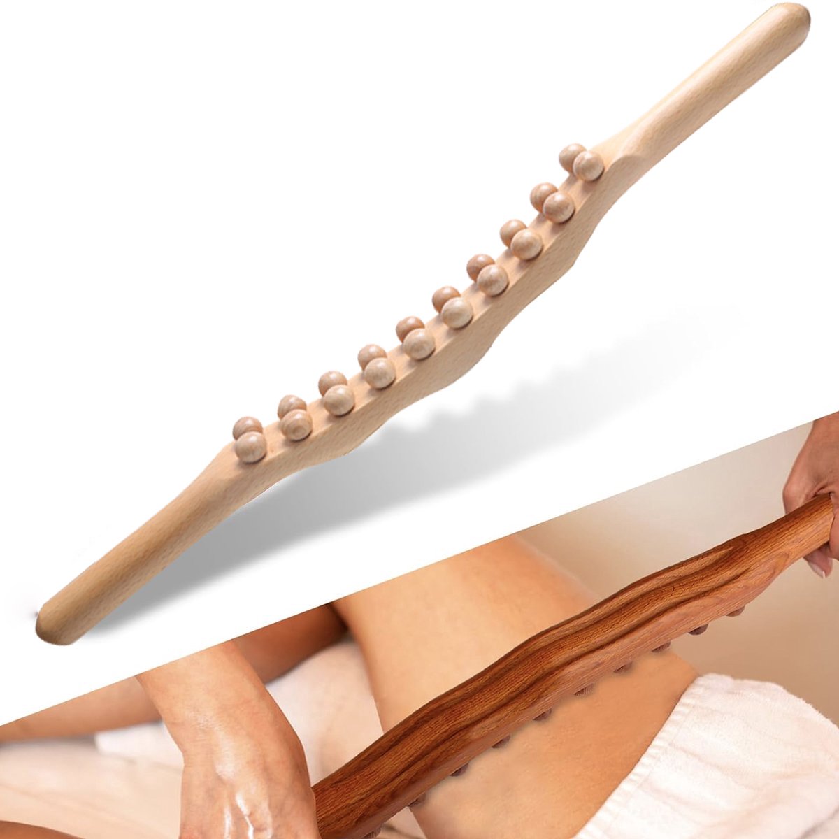 RugMassage - Massage Apparaat - Rug/Nek/Schouder/Buik/Taille/Armen/Benen - Massage Stok Hout - Houten Massage Stok - Massage Stok Hout XL - 20 Massage Ballen - Gua Sha Massage Tool - 1 Stuk - Bruin Hout - Gua Sha Massage Stick thumbnail 2