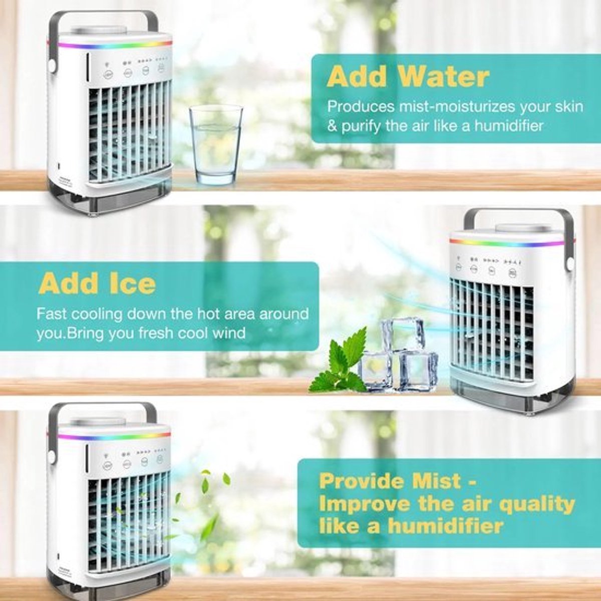 Mobiele airco zonder afvoerslang - 3-in-1 - Ventilator - Voor Slaapkamer & Woonkamer - 4 Snelheden - Airconditioning - Draagbare Aircooler - LED Verlichting thumbnail 3