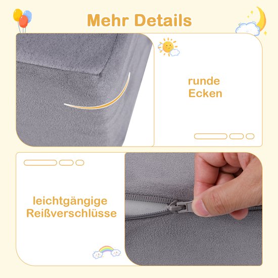 COSTWAY Modulaire kinderbank, 9-delige speelbank van schuimrubber, bouwstenen met comfortabele suède, modulaire bank voor kinderen om te spelen, creatief te zijn, te slapen (grijs) van COSTWAY — afbeelding 3