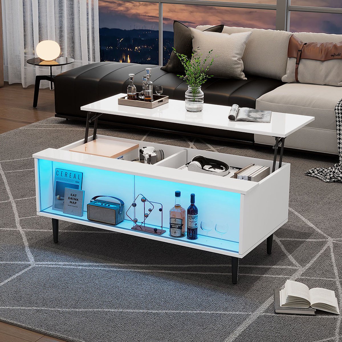 KOMHTOM 105 x 50 x 43 cm Salontafel In hoogte verstelbare salontafel met verborgen opbergruimte, salontafel met ledverlichting, salontafel met opbergruimte en displayoppervlak van gehard glas, wit Met 4 poten