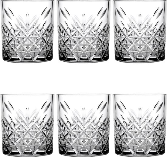 Ensemble de six verres à eau avec des motifs en losange et des lignes verticales.