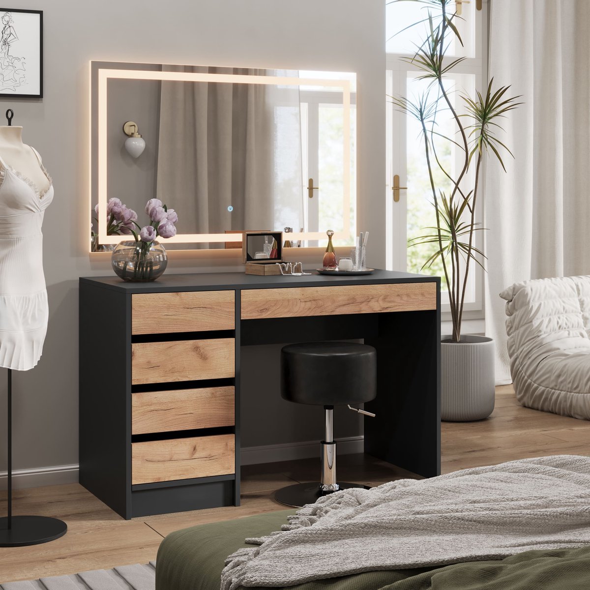 Vicco Kaptafel Sherry, Antraciet/Goudkleurig Eiken, 120 x 145 cm met LED-spiegel en kruk