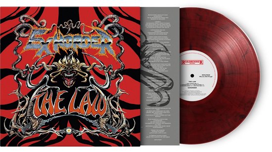 Un disque vinyle rouge et noir marbré à côté de la pochette de l'album 'The Law' représentant un monstre.