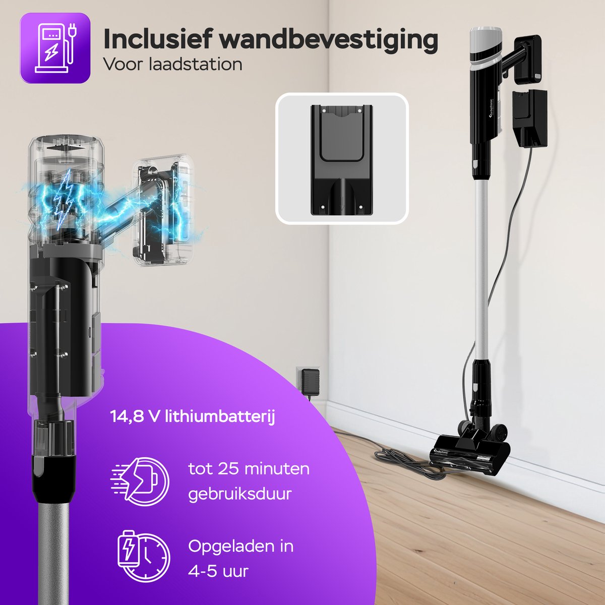 TurboTronic AIV6 Steelstofzuiger met kruimeldief zonder zak - Draadloos - Hoge zuigkracht - HEPA - lichtgewicht - 2 Snelheden - Geschikt voor harde en zachte vloeren - Zwart-Wit – foto 6