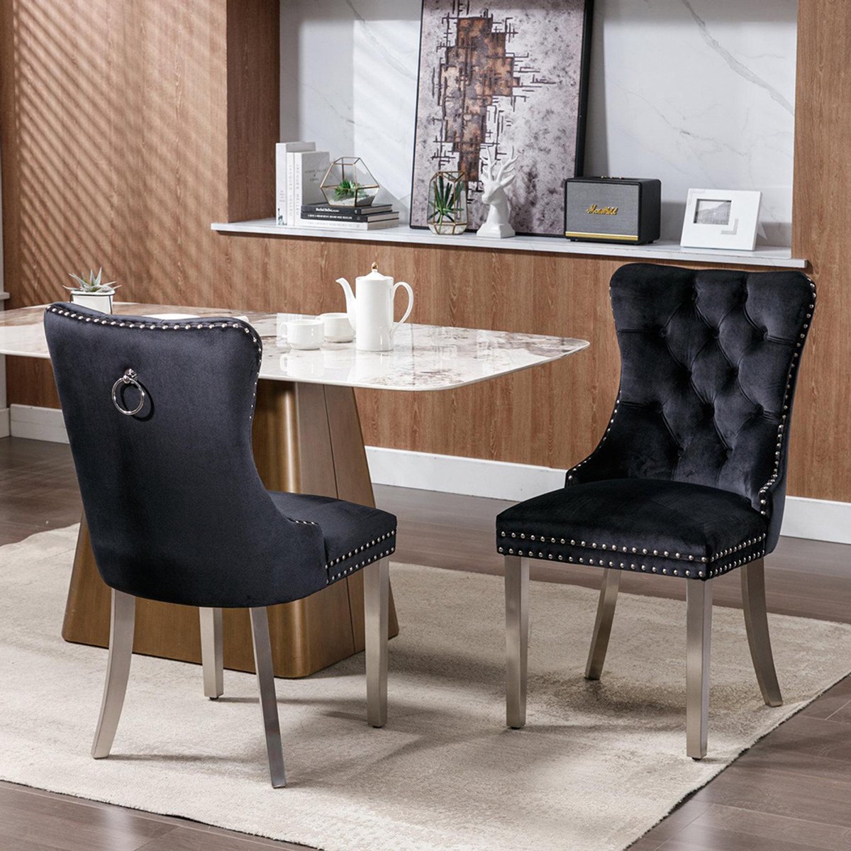 KOMHTOM BLACKCOLORS Modern hoogwaardige eigentijdse eetkamerstoel van gestoffeerd fluweel, met verchroomde roestvrijstalen poten, spijkerstof, set van 2, zwart en chroom, DE1701BK