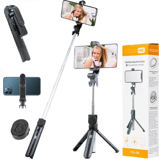 Studio ME 3 in 1 Selfie Stick Tripod - Selfiestick Universeel - Foto en Video - Bluetooth Afstandsbediening - Telefoonhouder - Telefoon statief