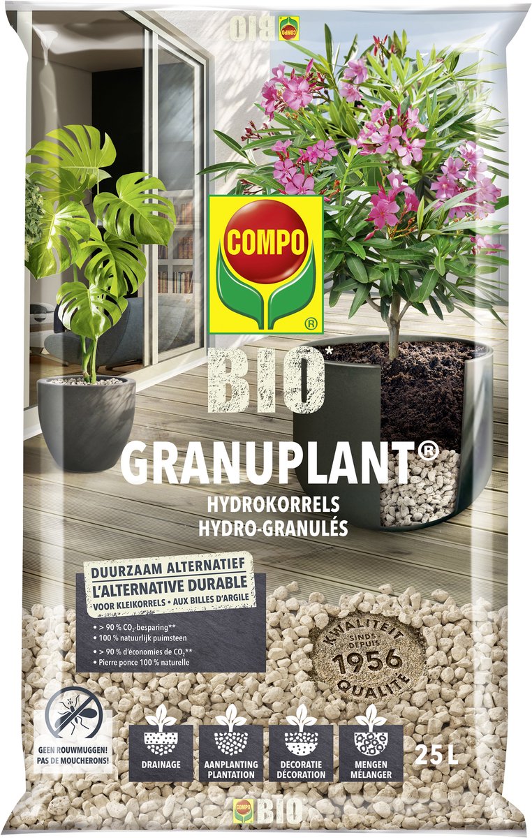 COMPO Bio Granuplant - 100% natuurlijke hydrokorrels - plant- & drainagegranulaat - duurzaam alternatief voor kleikorrels - zak 25L