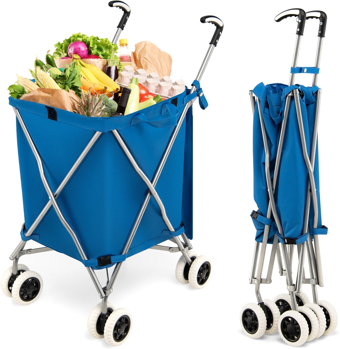 COSTWAY Opvouwbare boodschappentrolley met wielen, capaciteit 90 l/55 kg, handwagen met afneembare Oxford-tas, winkelwagen, inklapbaar, trolleytas met handvat, voor winkelen, kamperen (blauw)