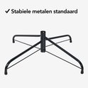 Zwarte, stabiele metalen kerstboomstandaard met vier poten.