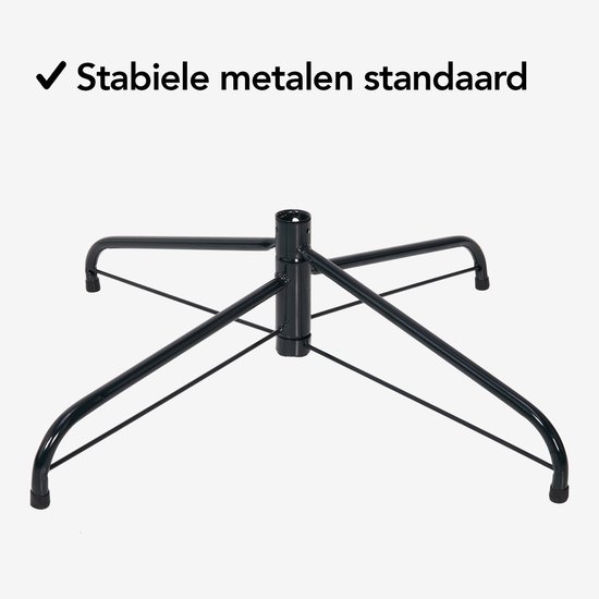 Zwarte, stabiele metalen kerstboomstandaard met vier poten.