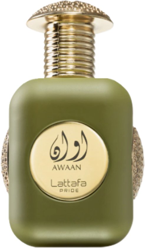 Flacon de parfum Lattafa AWAAN PRIDE vert de 100ml avec bouchon doré et décoration circulaire dorée sur les côtés.