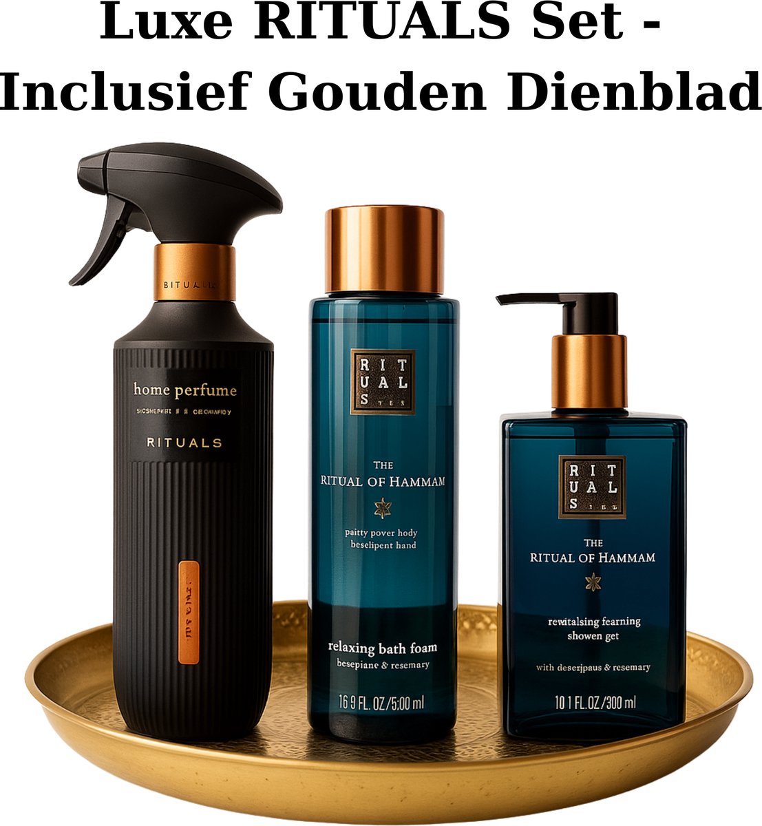 Rituals - Geschenkset - Hammam - Huisparfum 400 ml + Bath Form 500 ml + Hand Wash 300 ml + Gouden Dienblad - Cadeau Set - Rituals Producten - Handzeep 300 ml - Home Perfume 400 ml